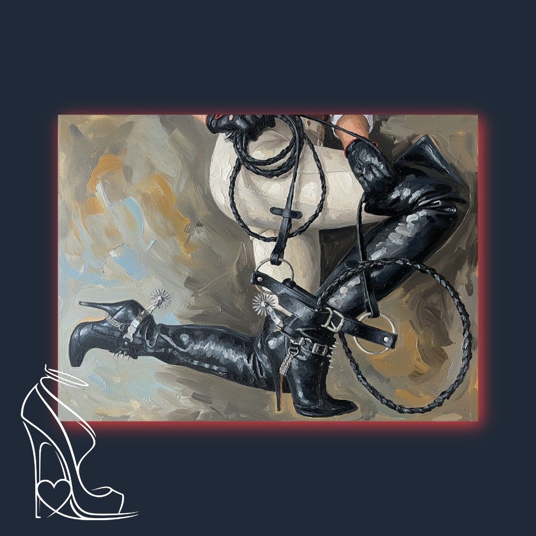 Dark luxury art print 'Spurred Authority' by Mark Lee, featuring patent leather boots and a whip, displayed elegantly in a minimalist, modern bedroom with muted tones.