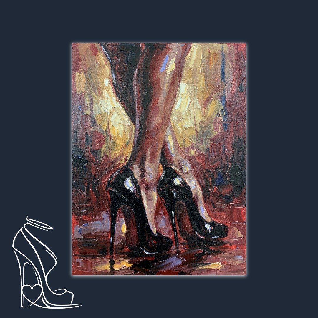 An intensely passionate impasto painting capturing the raw allure of legs in gleaming black stilettos, bathed in crimson and gold light.