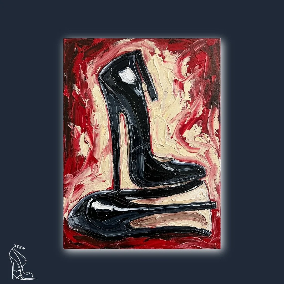 Thick impasto digital painting of a black stiletto heel with heavy textures and red abstract background.