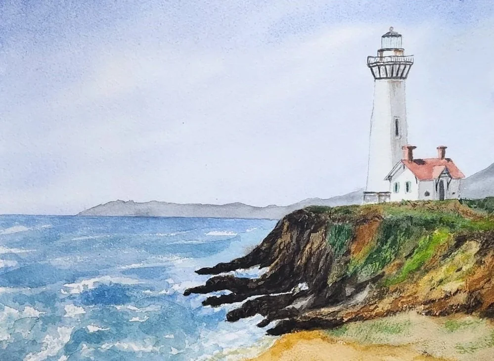 lighthouse on cliff watercolor painting