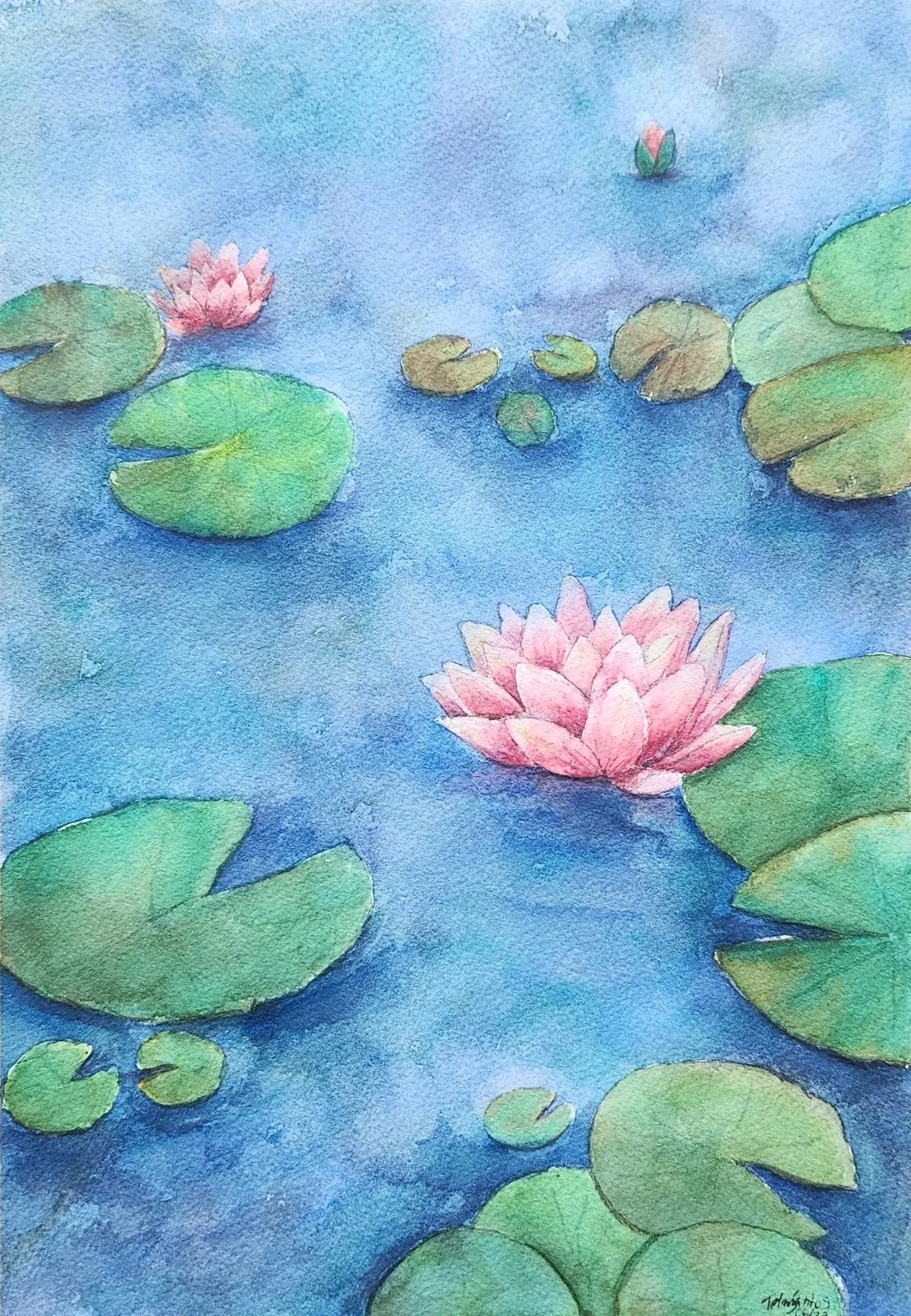 watercolor painting of lotus flower and lily pads on pond