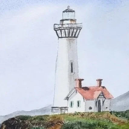 Lighthouse on a Cliff watercolor painting detail
