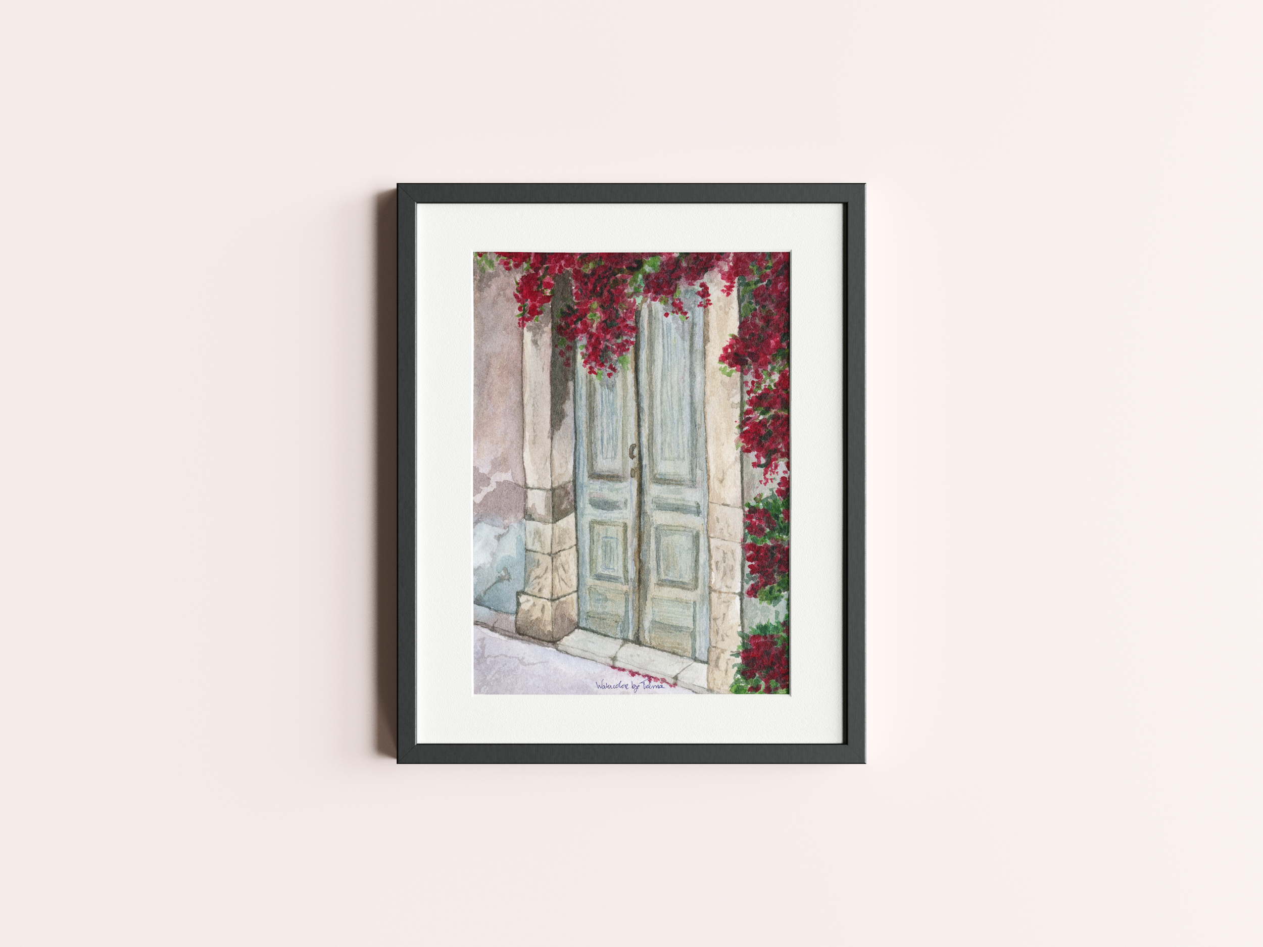 Rustic Door with Bougainvillea Watercolor Painting