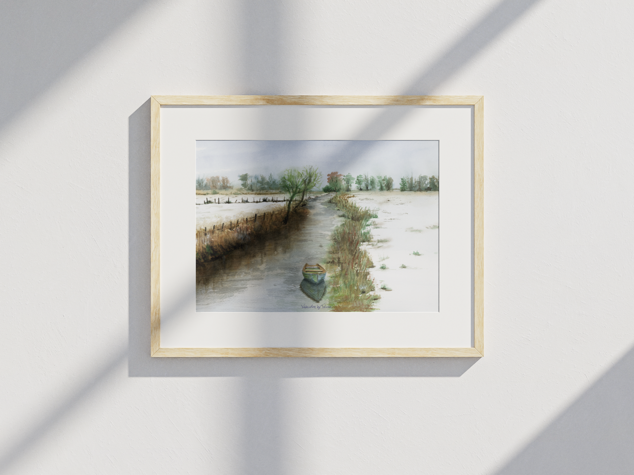 Winter River Rowboat painting in frame