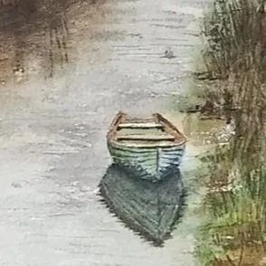 Winter River Rowboat painting detail