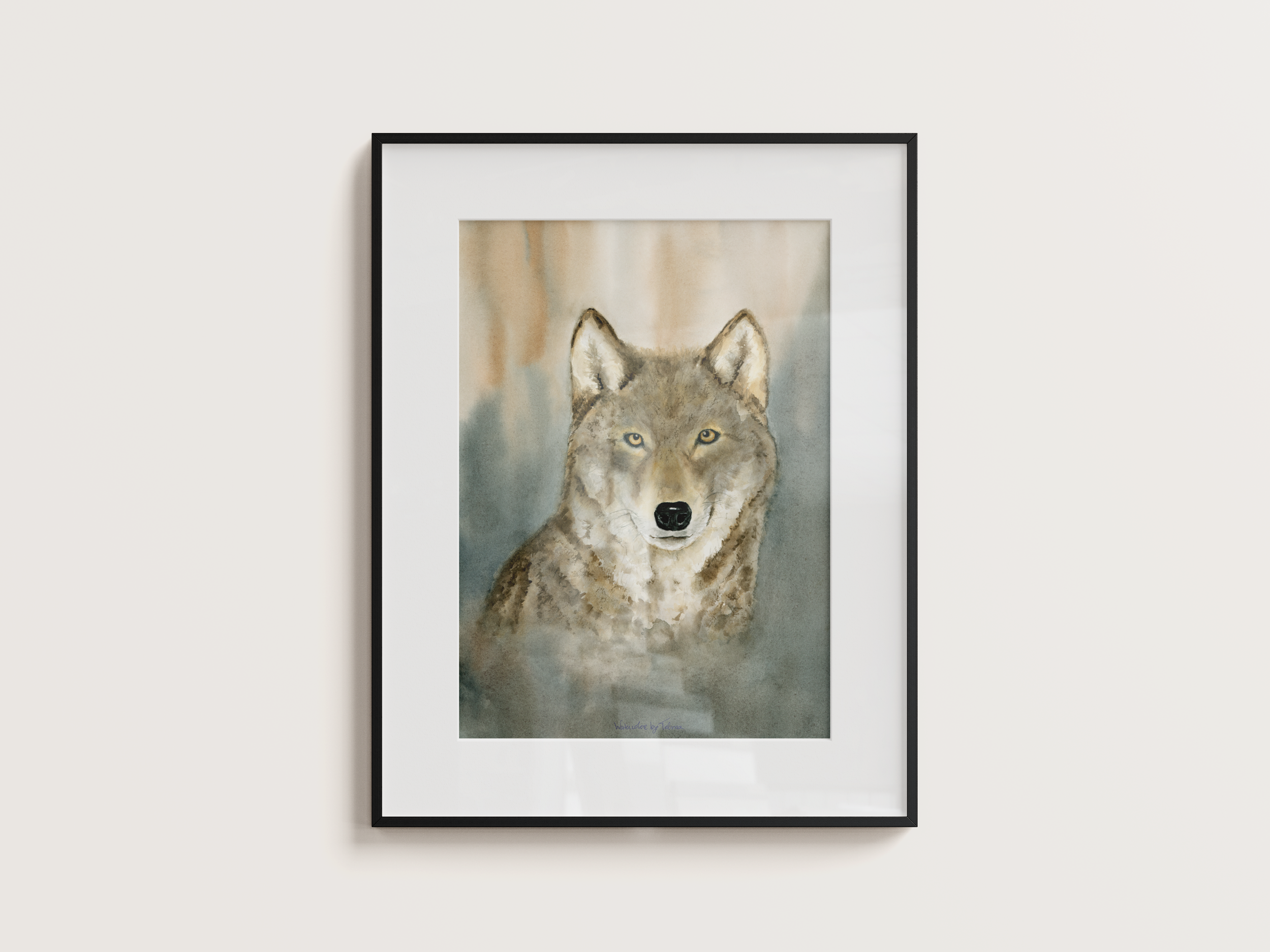 Grey Wolf painting in frame