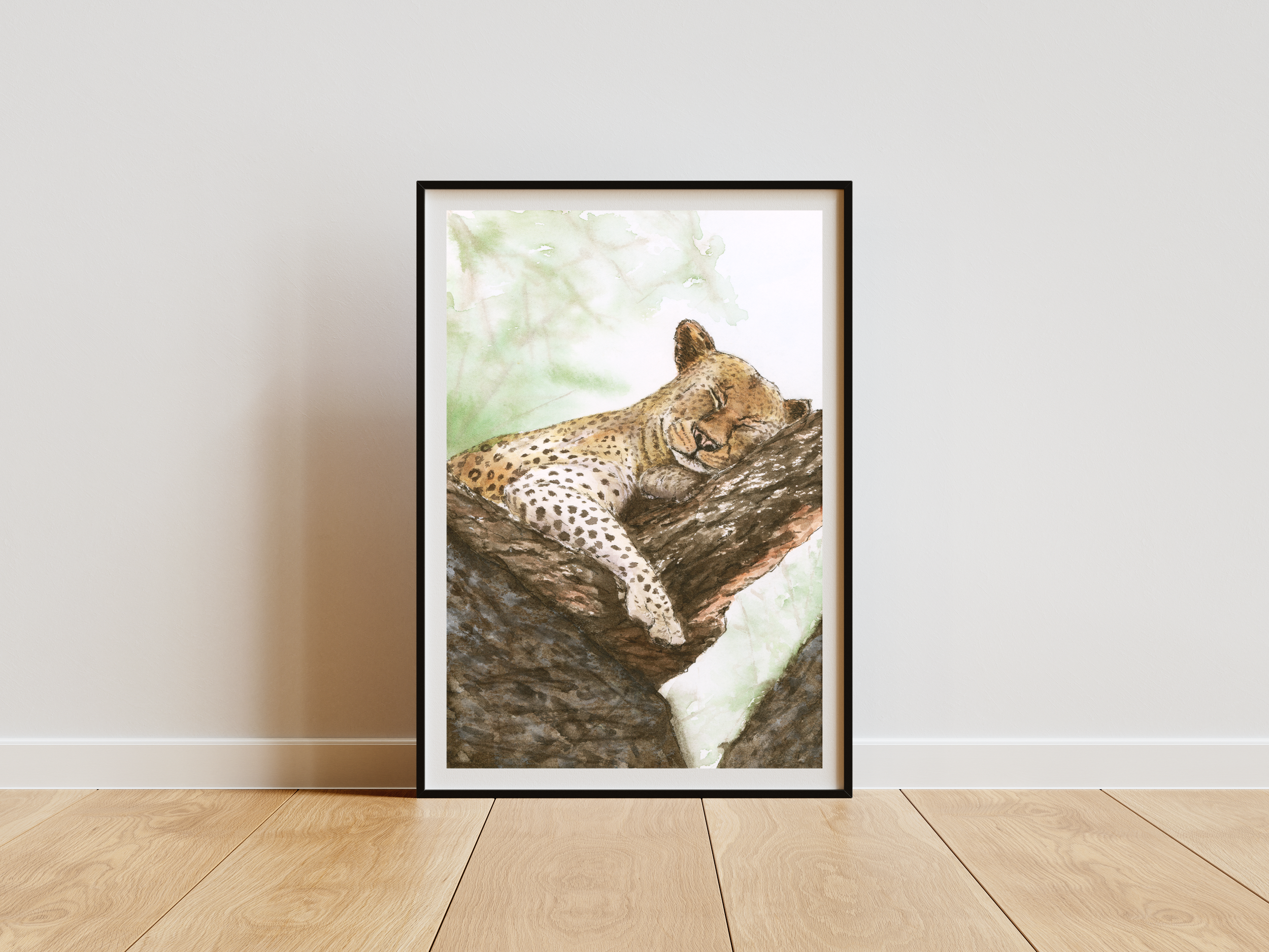 Sleeping Leopard on Tree Watercolor Painting