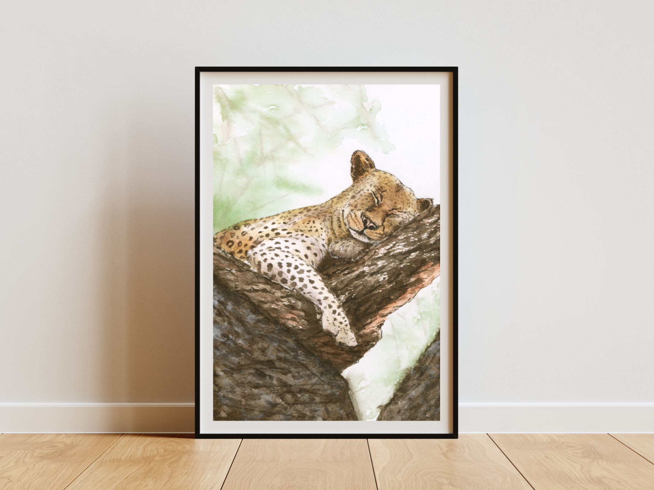Sleeping Leopard on Tree painting in frame
