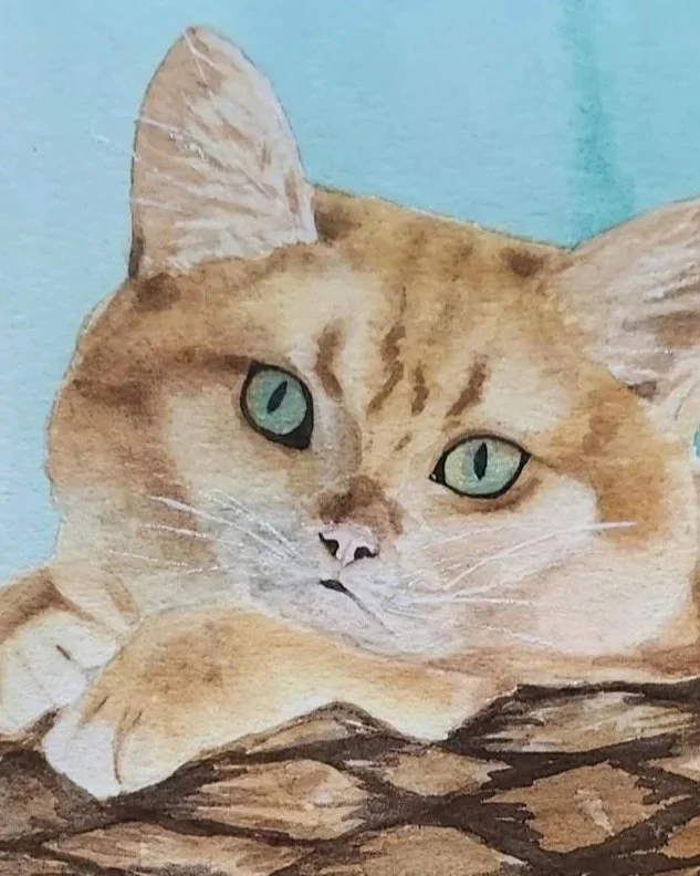 Cat in the Basket watercolor painting detail