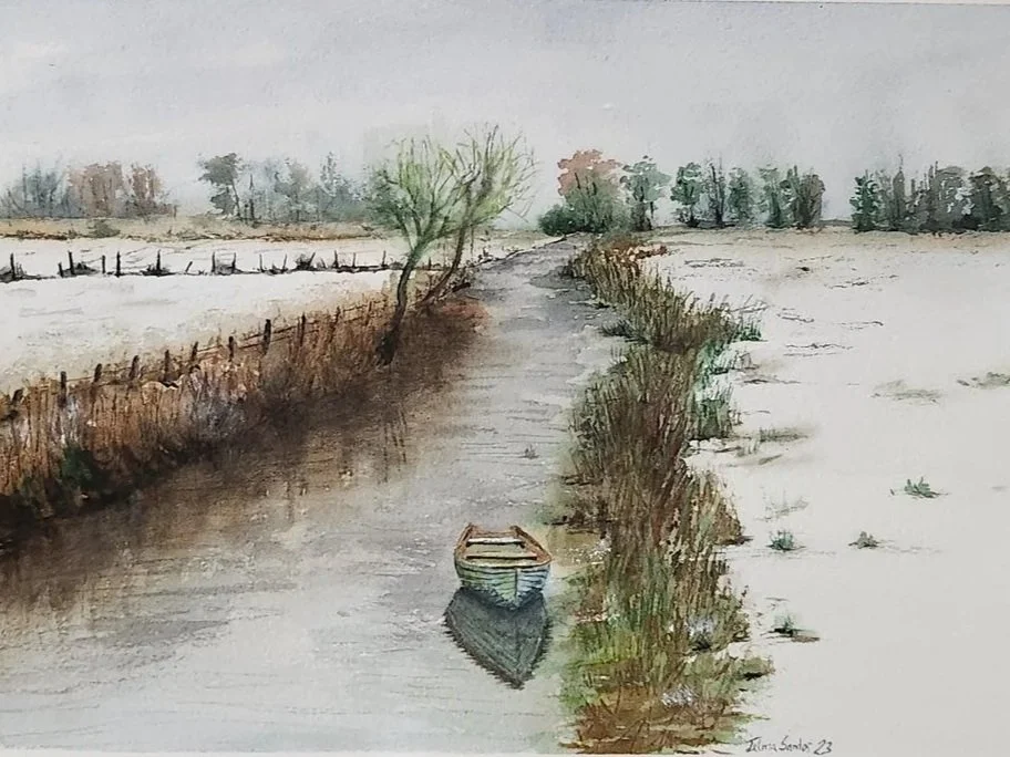 Winter River Rowboat Watercolor