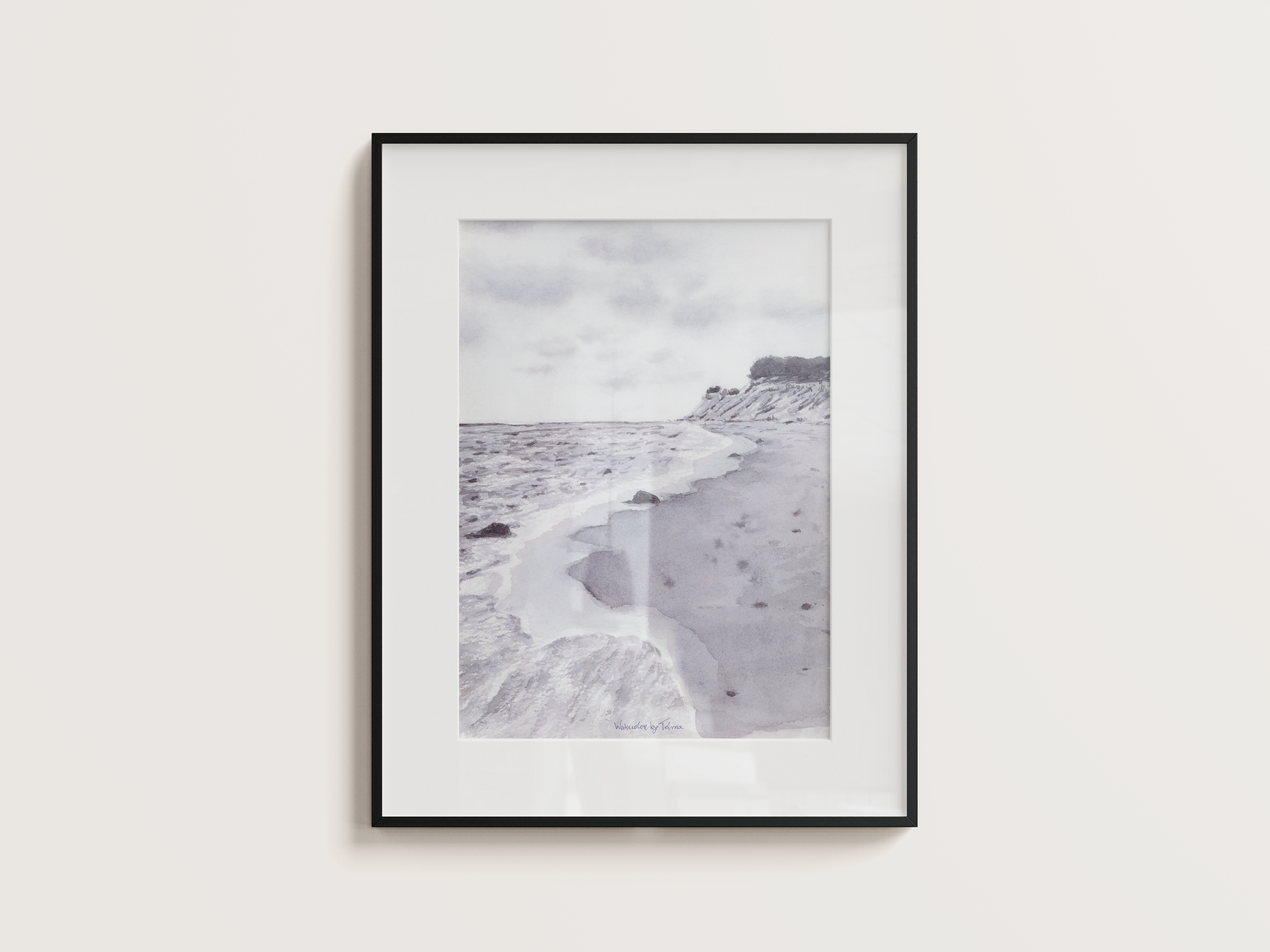 Grey Beach Watercolor Landscape – Minimal Coastal Ocean Painting