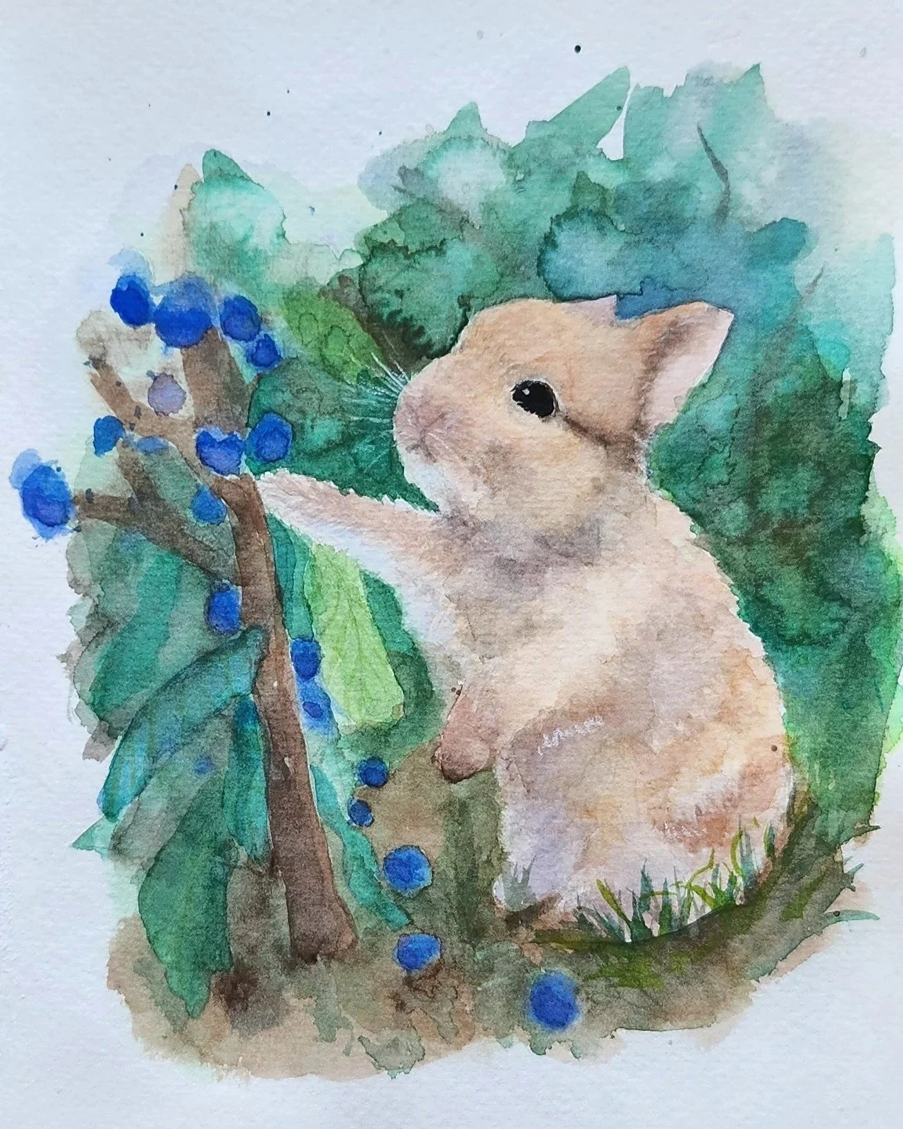 Little Bunny with Berries Watercolor