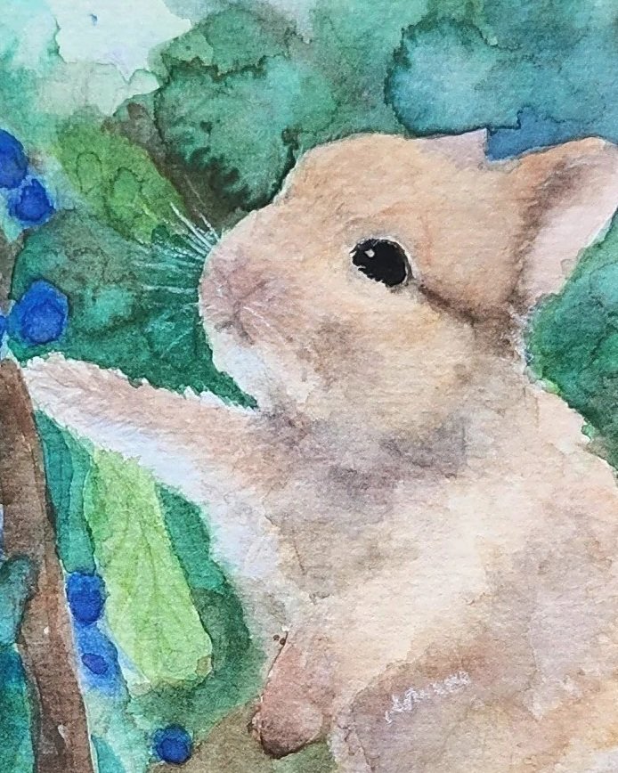 Little Bunny with Berries painting detail