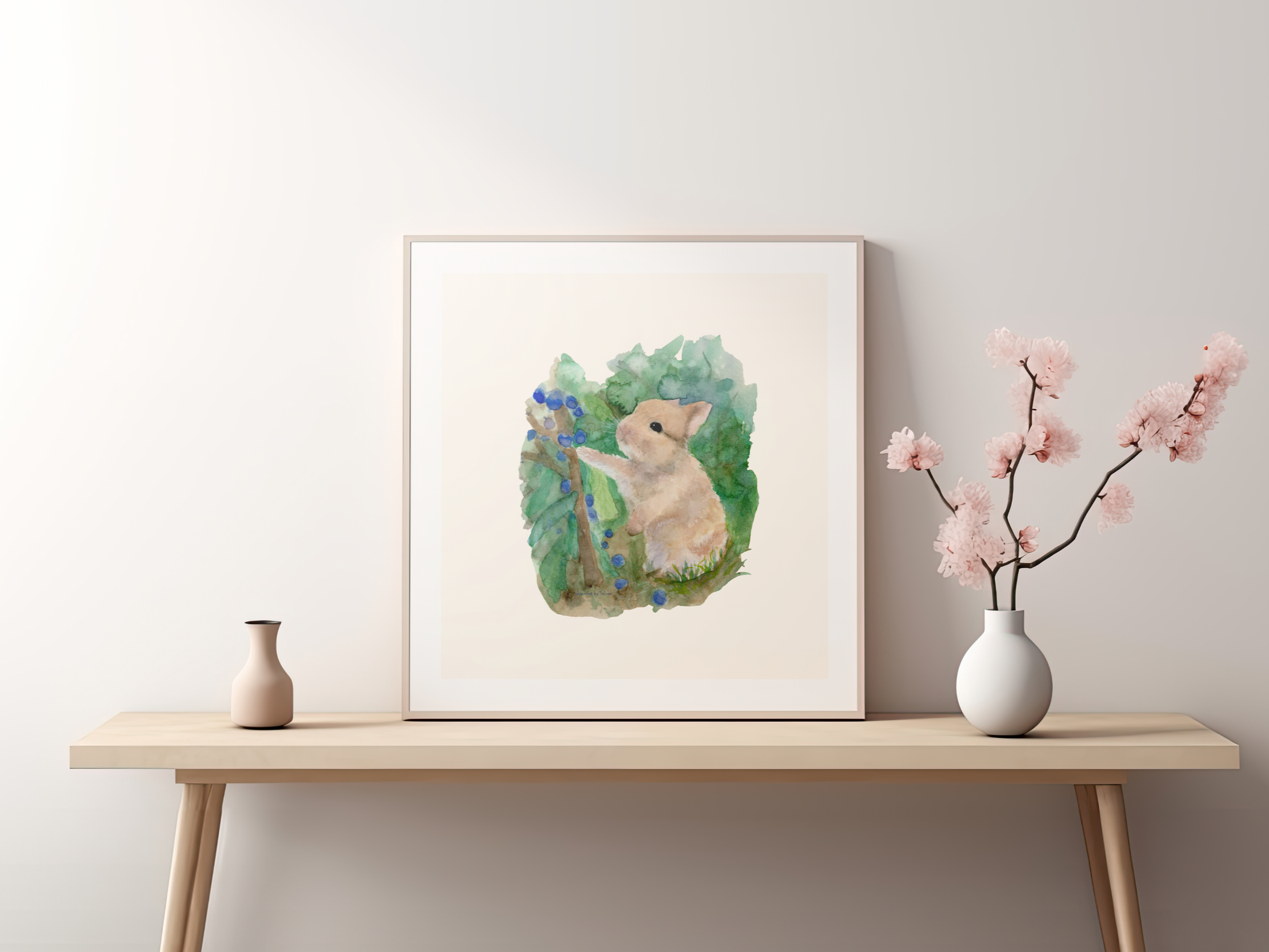 Little Bunny with Berries Watercolor Painting