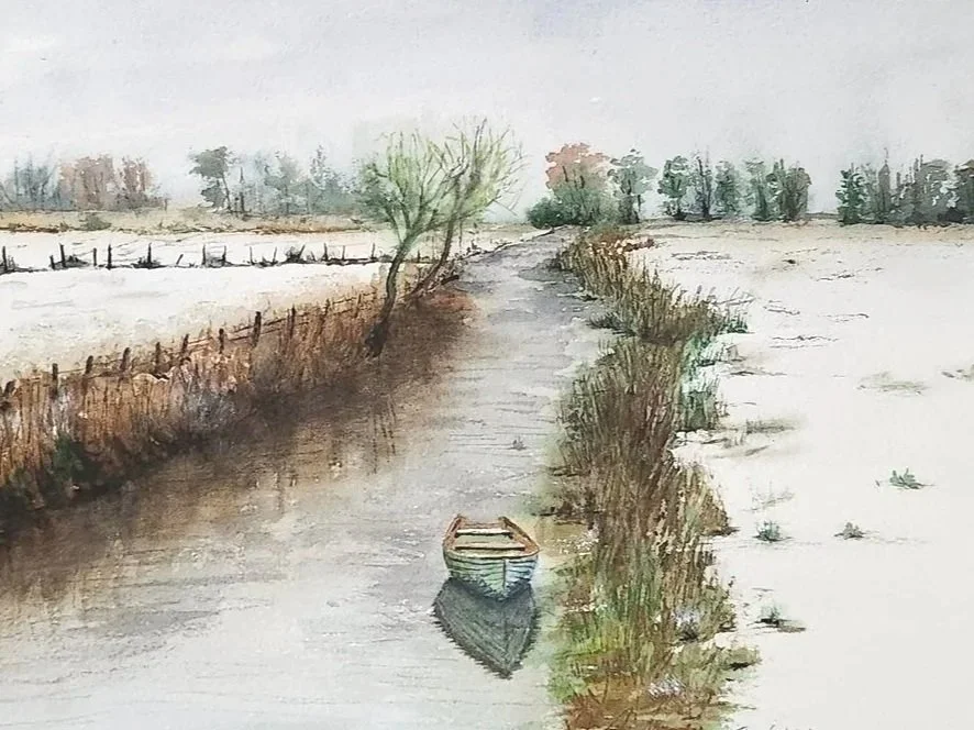 Winter River Rowboat Watercolor Painting
