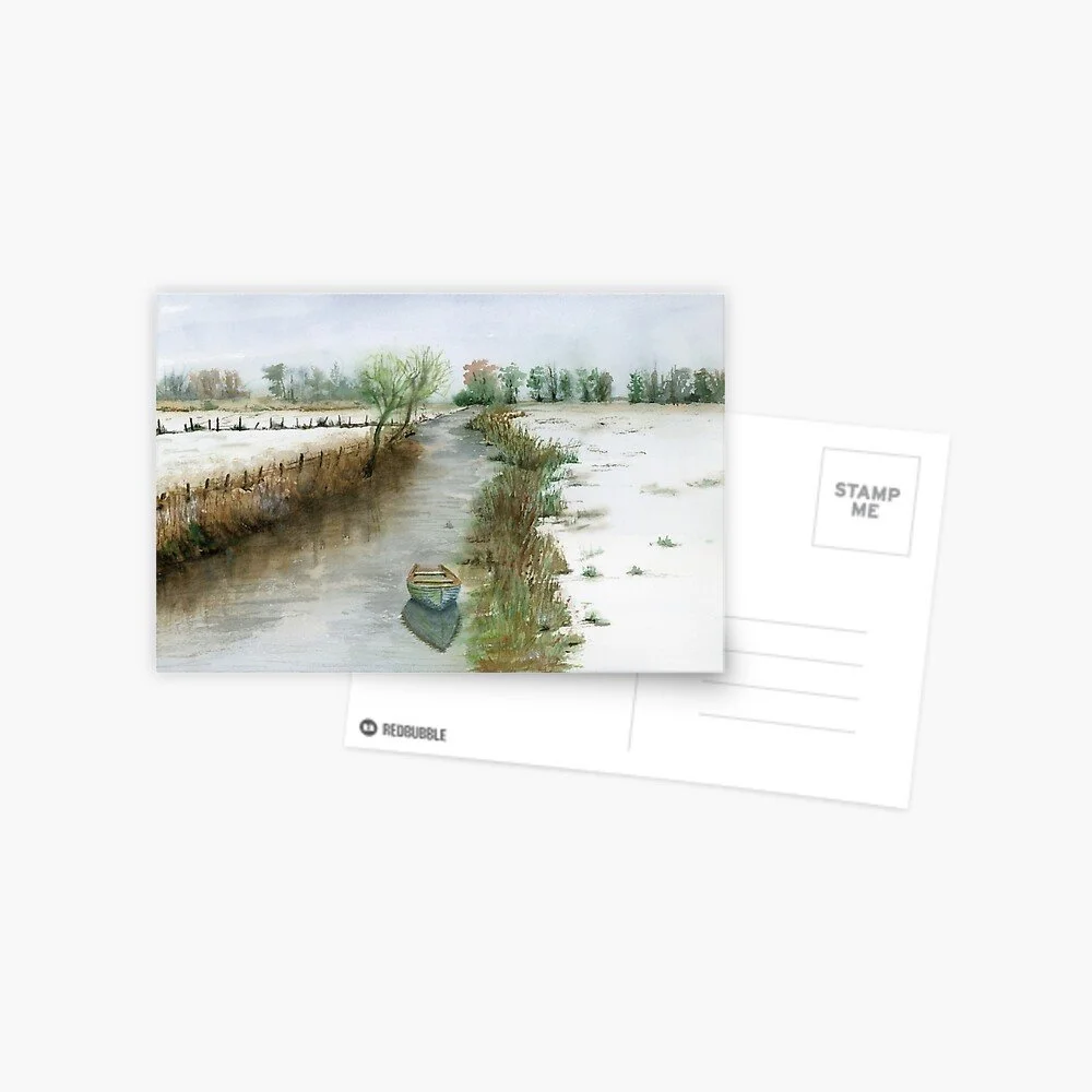 Winter River Rowboat Postcard