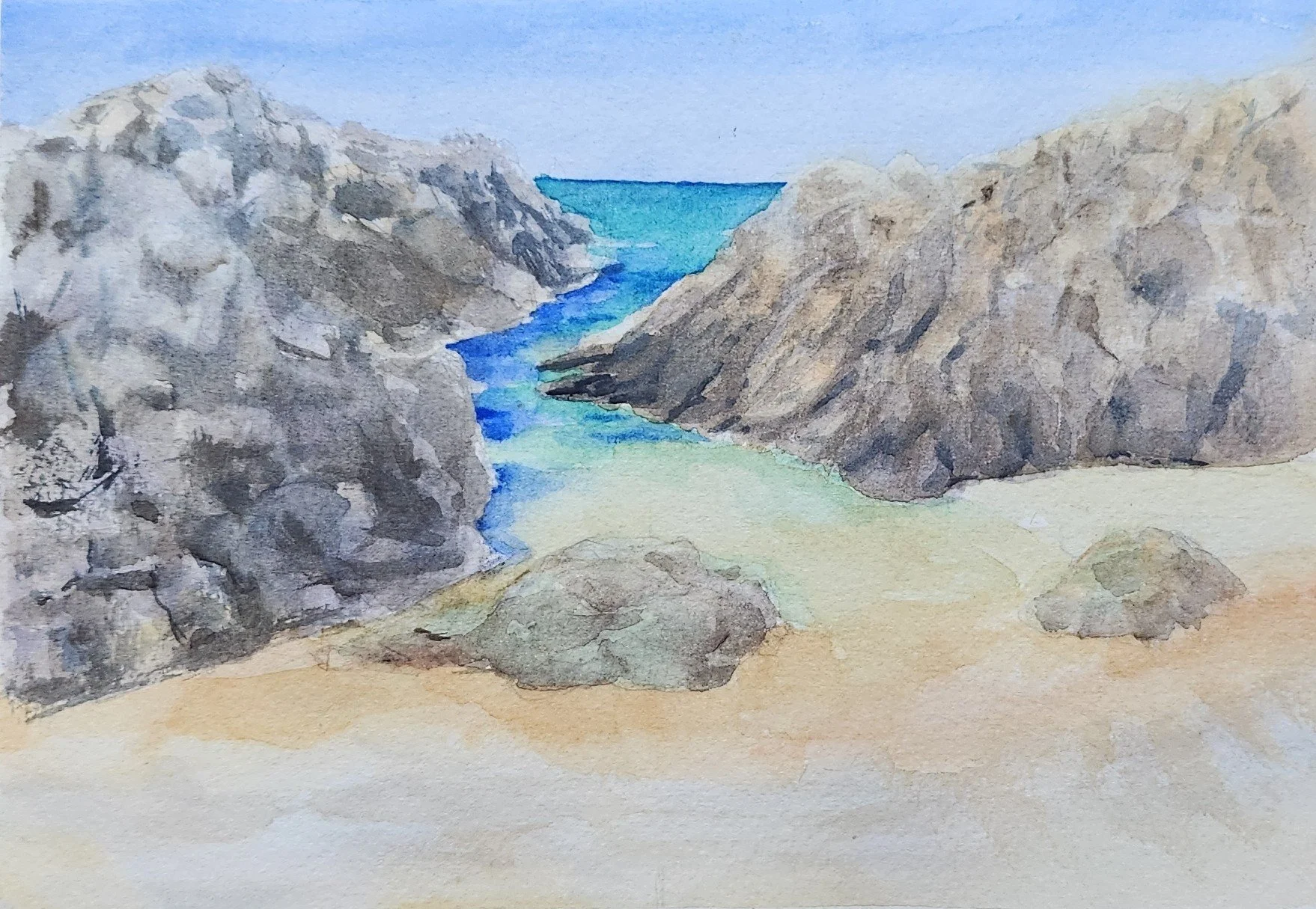 rocky beach watercolor painting