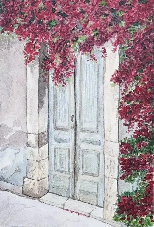 Rustic Door with Bougainvillea Watercolor Painting
