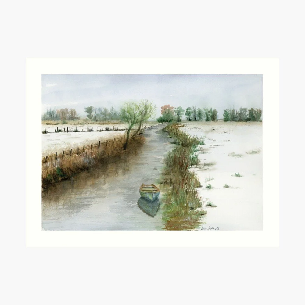 Winter River Rowboat Art Print