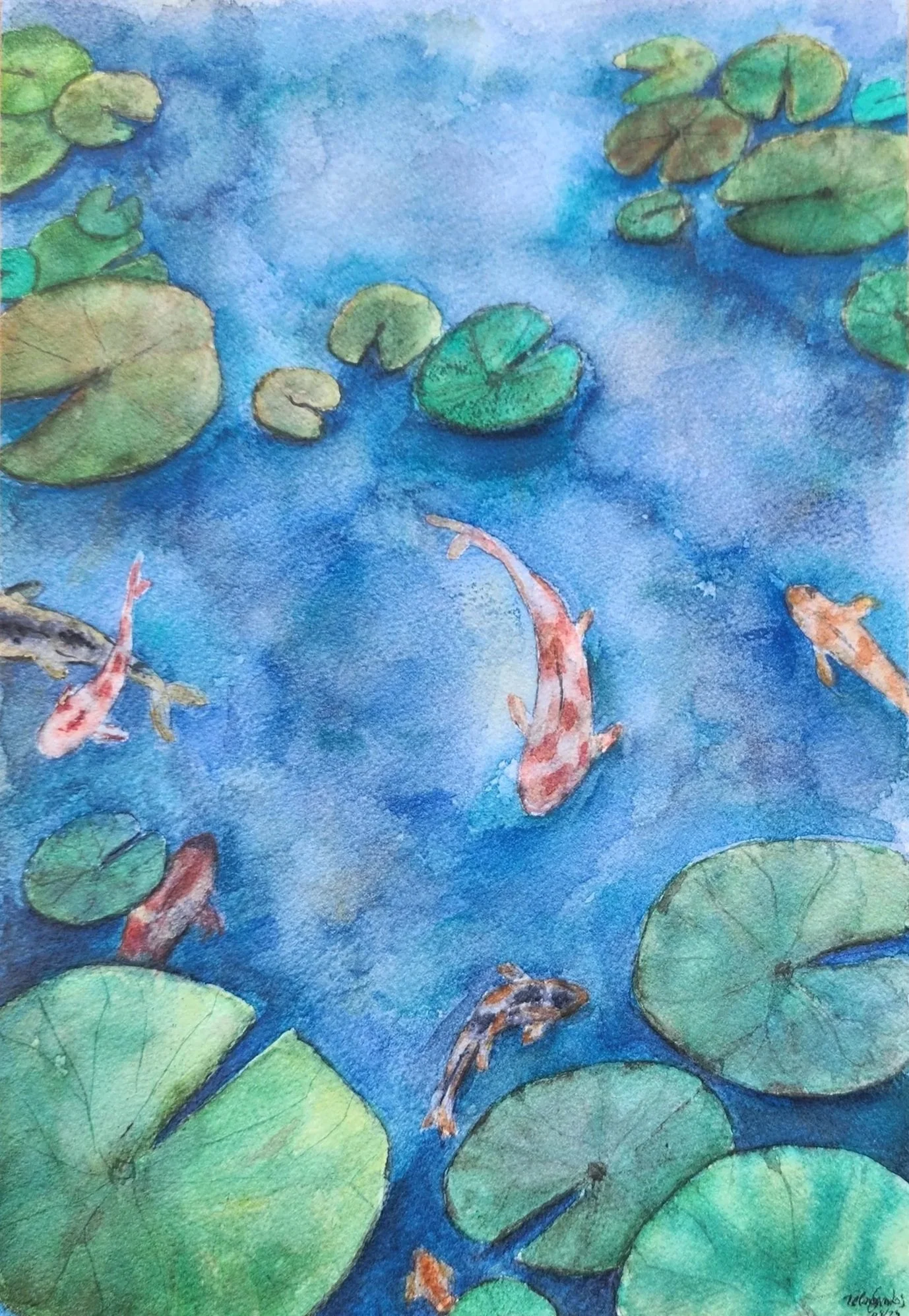 watercolor painting of koi fish and lily pads on a pond