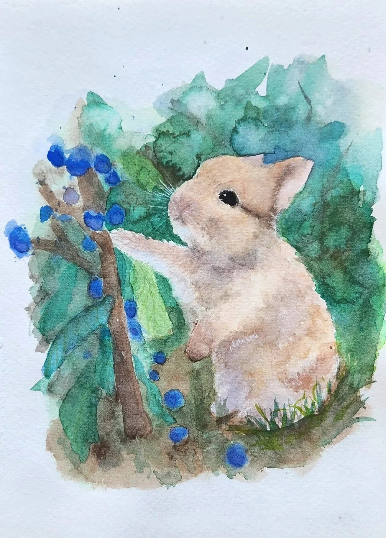 Little Bunny with Berries Watercolor Painting