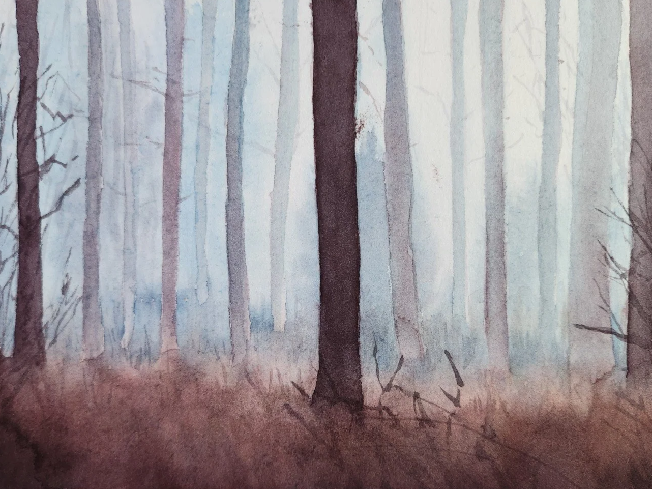 Misty forest watercolor painting landscape art