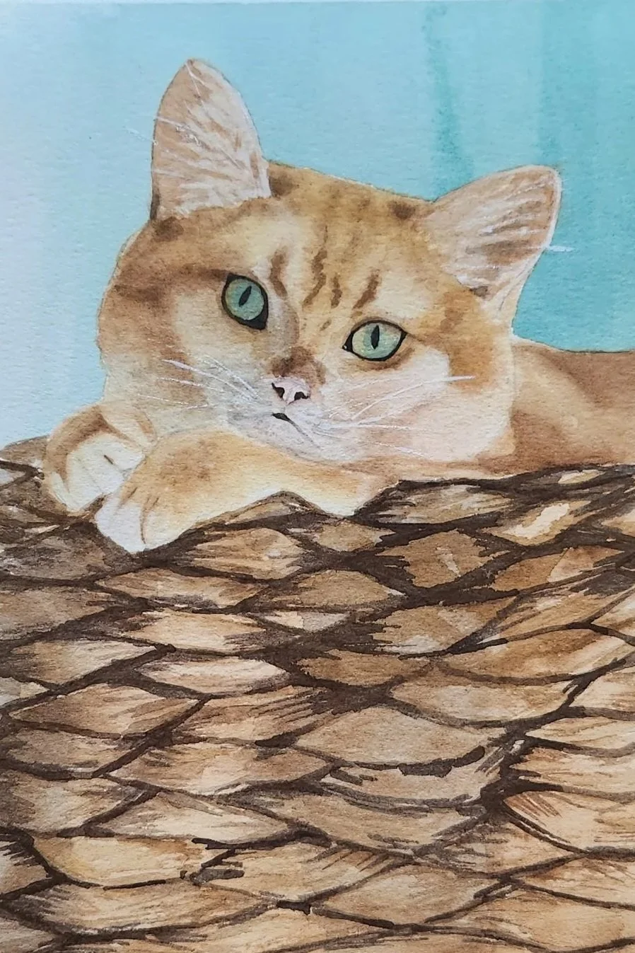 Cat in the Basket Watercolor Painting