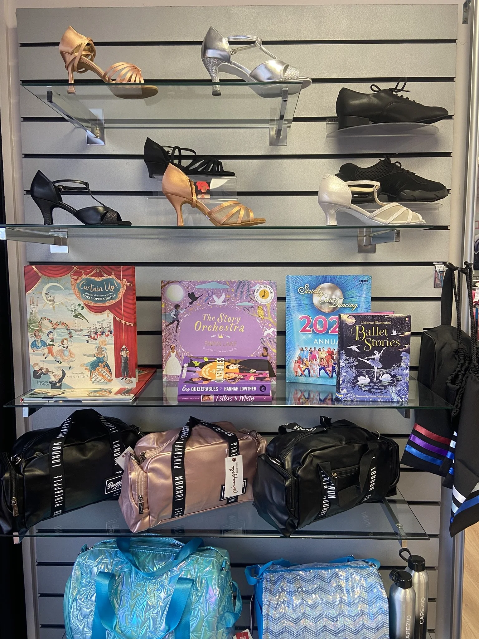 Dance bags, books and ballroom shoes