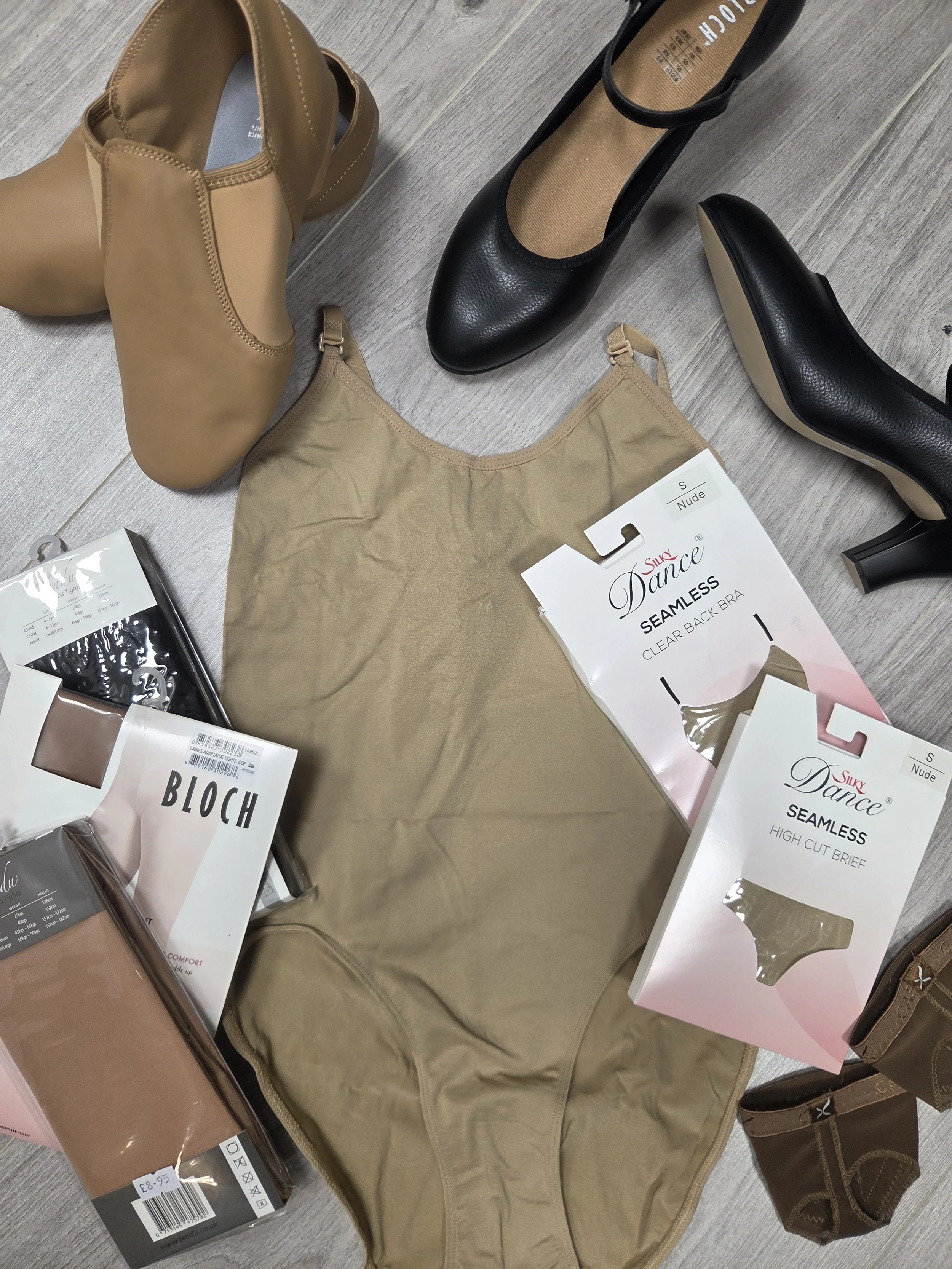 Nude jazz shoes, black character shoes, ballet tights in multiple skin tones and nude underwear