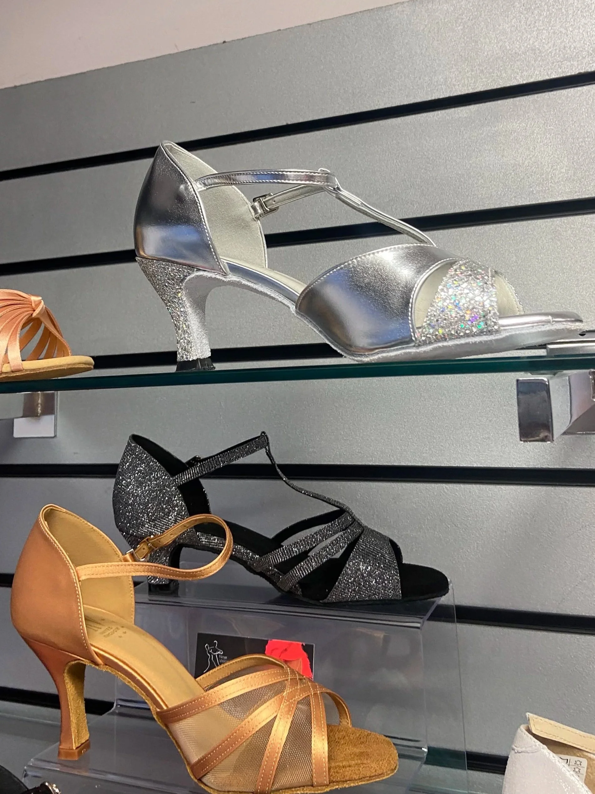 Ballroom and latin shoes pictured in silver, sparkly black and copper satin. 