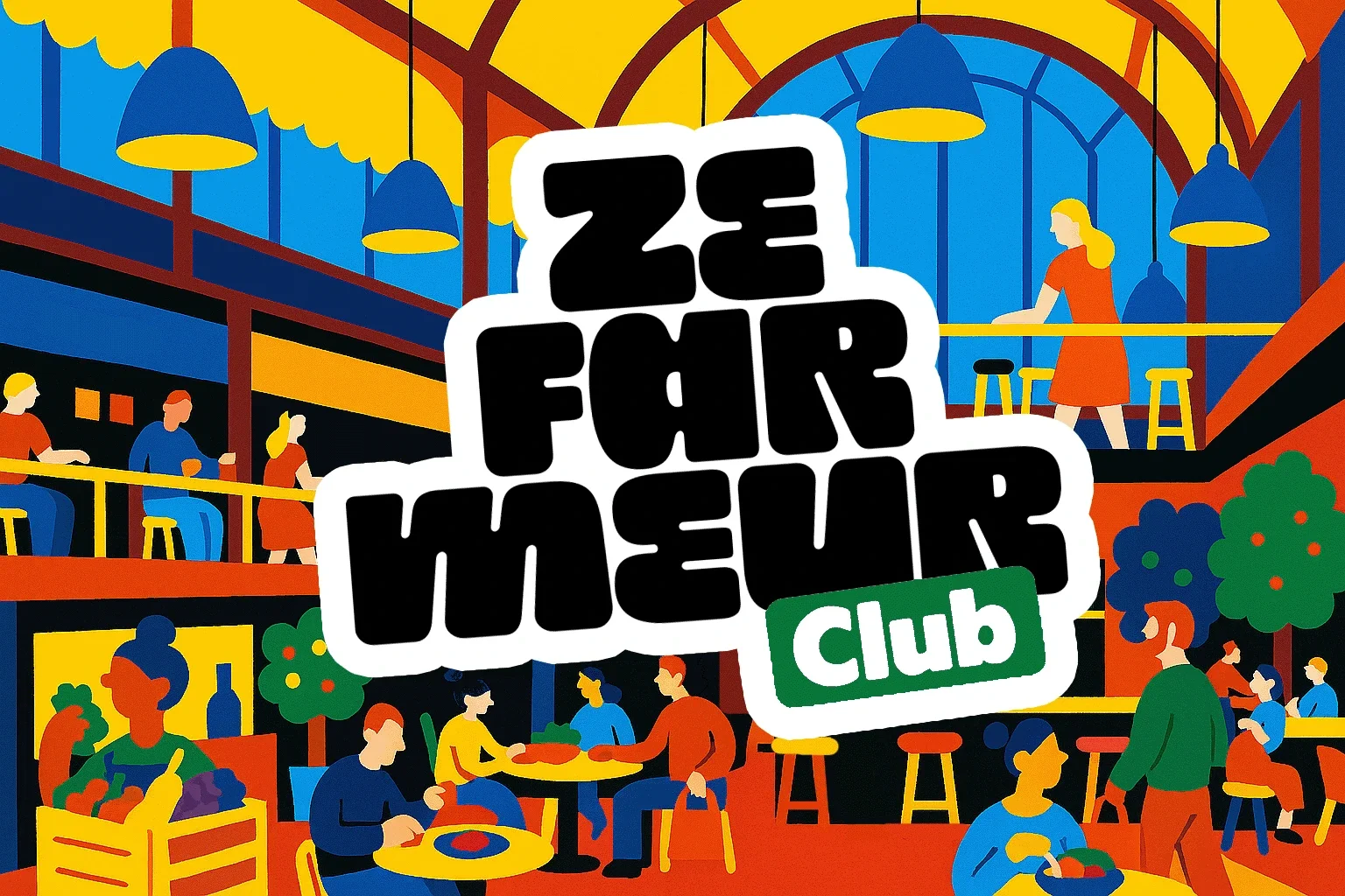 Illustration colorée d'un groupe de personnes dans un club ou restaurant, avec des tables, des chaises, des plantes et des lampes suspendues, le tout dans un style graphique moderne.