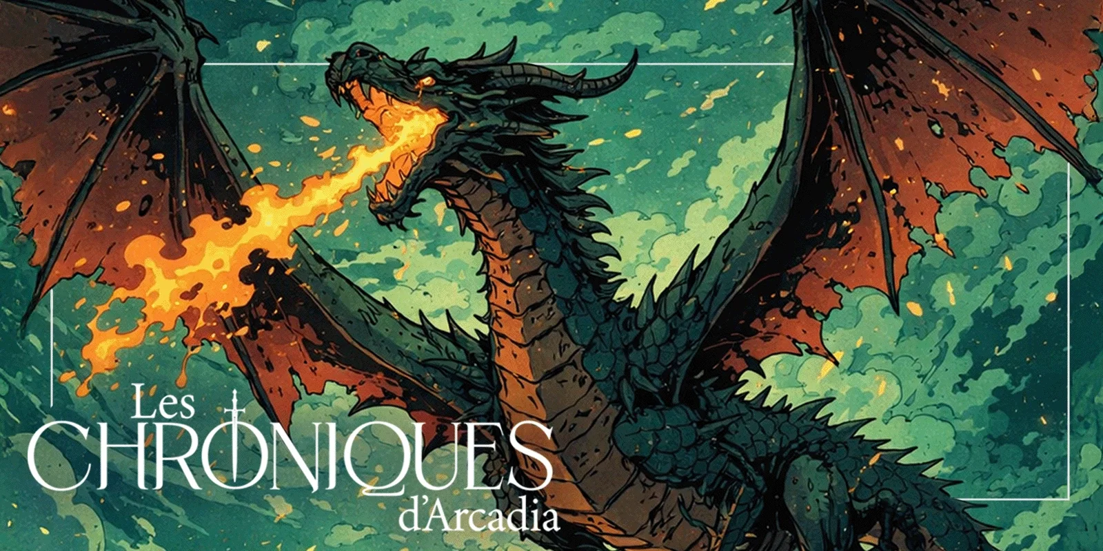 Illustration d'un dragon crachant du feu dans un ciel nuageux. Le texte indique "Les Chroniques d'Arcadia".