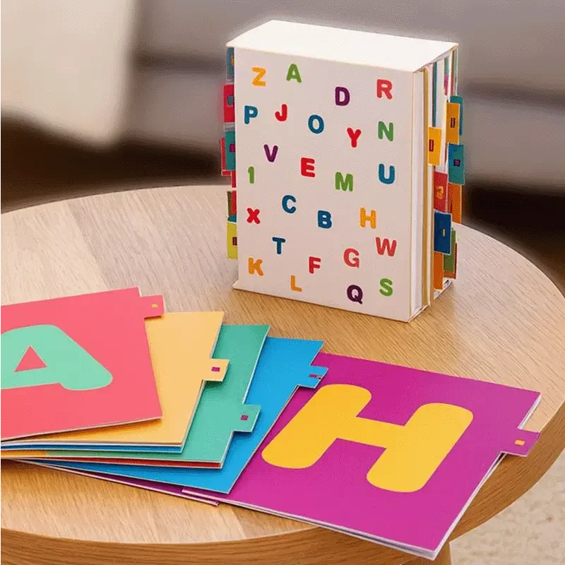 Jeu éducatif avec des cartes colorées portant des lettres de l'alphabet en majuscule sur une table en bois.