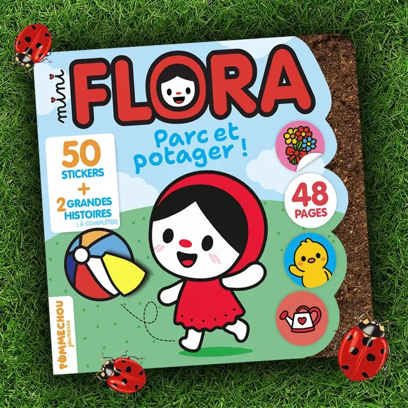 Un livre pour enfants intitulé 'Ma Flora par solo et potager' avec 50 autocollants, 2 grandes histoires, et 48 pages, illustré avec une petite fille portant un chapeau rouge, jouant avec un jouet de plage, et décoré avec des coccinelles sur l'herbe.