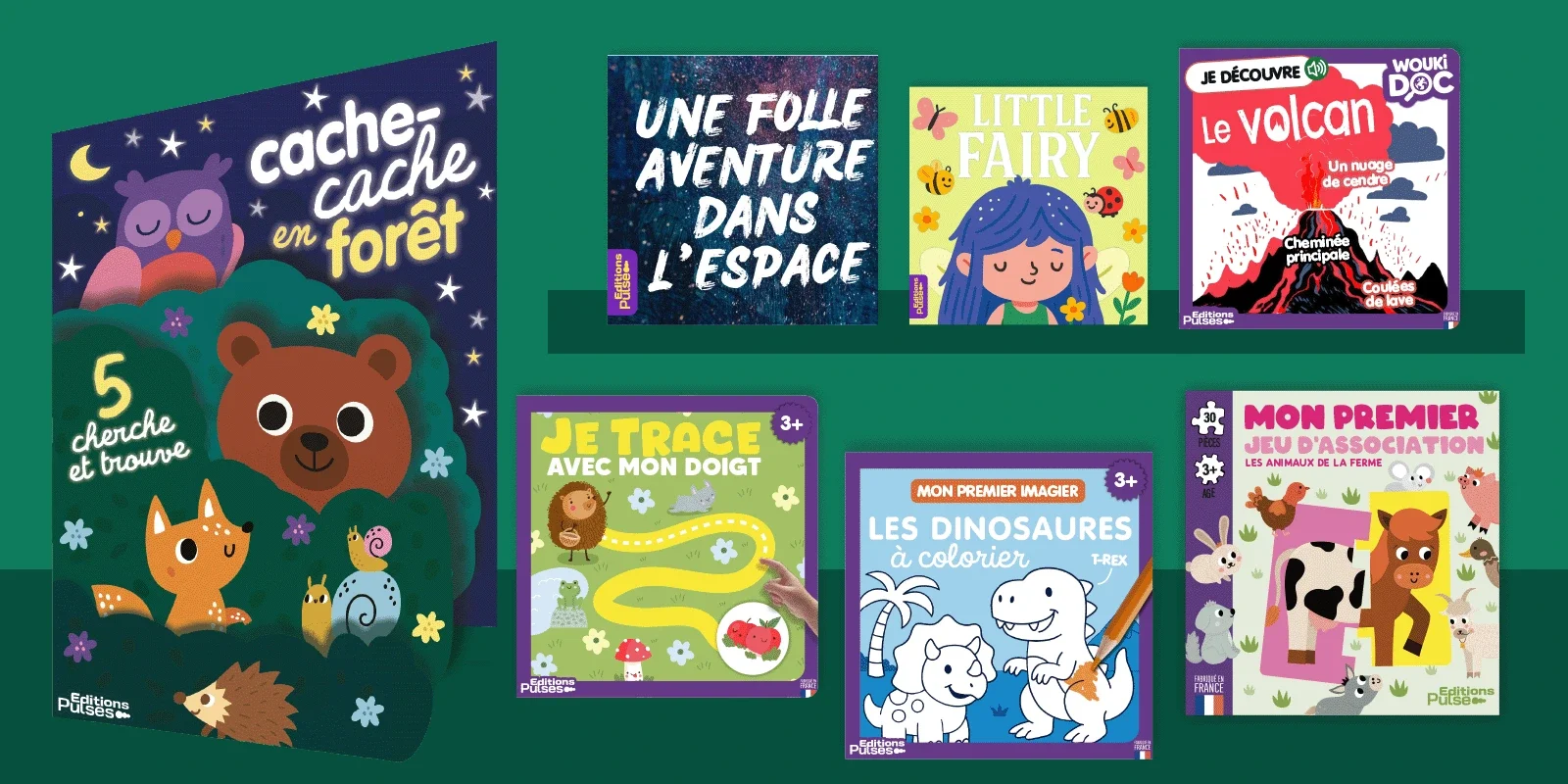 collection de livres pour enfants avec des thèmes de forêt, espace, fées, volcans, activités éducatives sur les animaux, dinosaures et premiers jeux d'association.