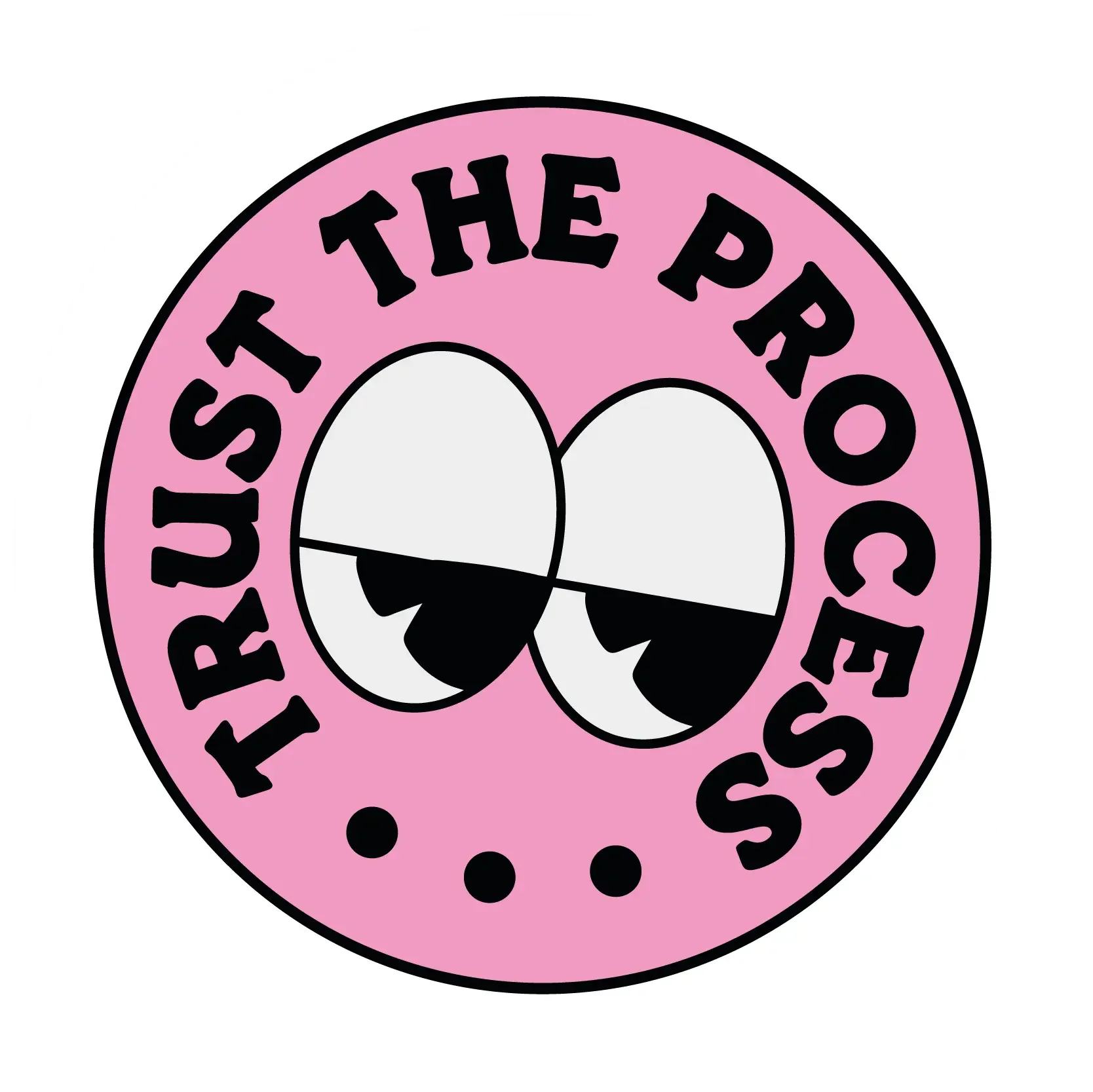 Logo de la marque Pink The Pussy Productions, avec un cercle rose, des yeux stylisés et le texte en français et en anglais t'indiquant de soutenir la production.