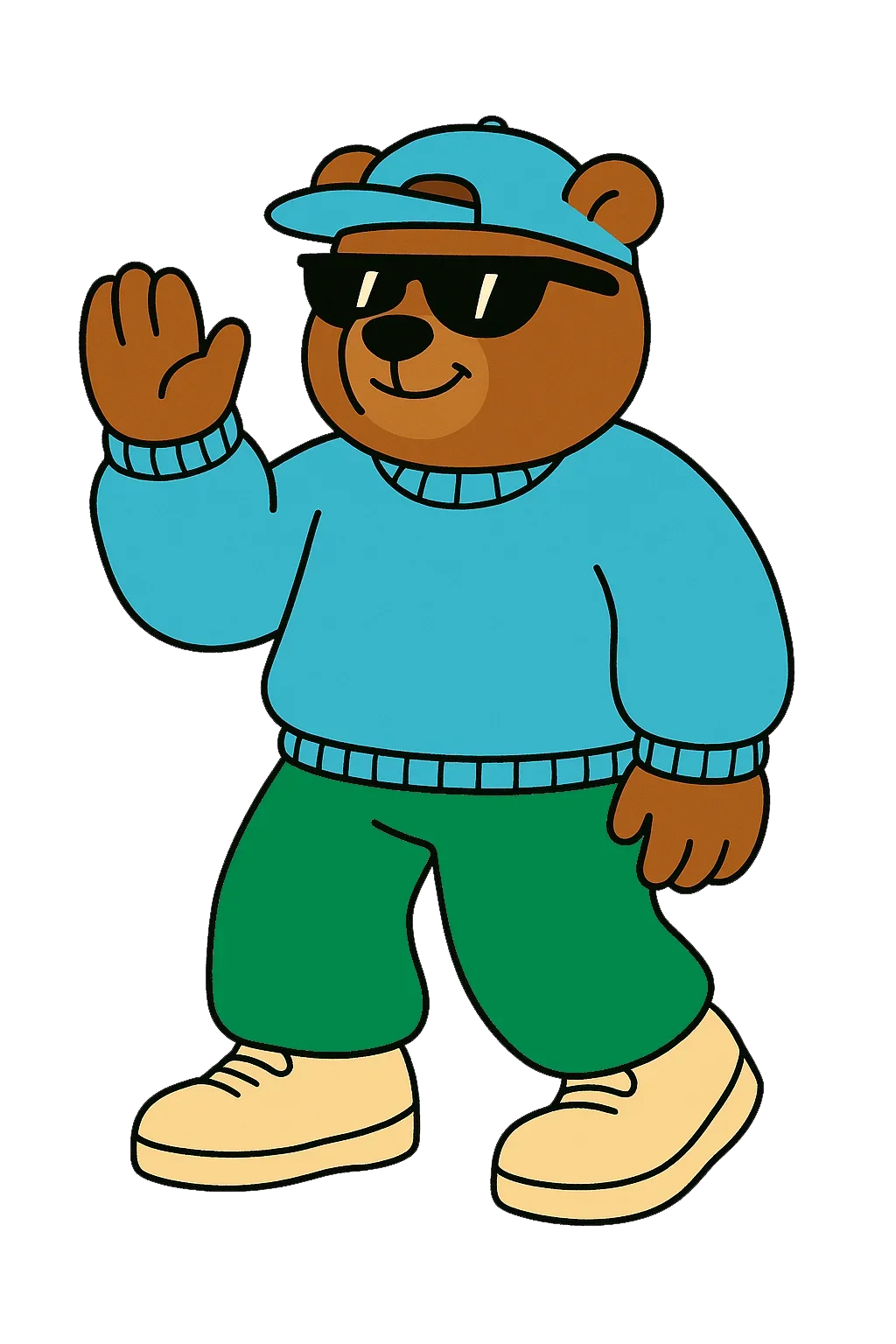 Un ours en peluche marron portant des vêtements décontractés, des lunettes de soleil, une casquette bleue, un sweat bleu, un pantalon vert, et des chaussures beige, faisant un signe de la main.