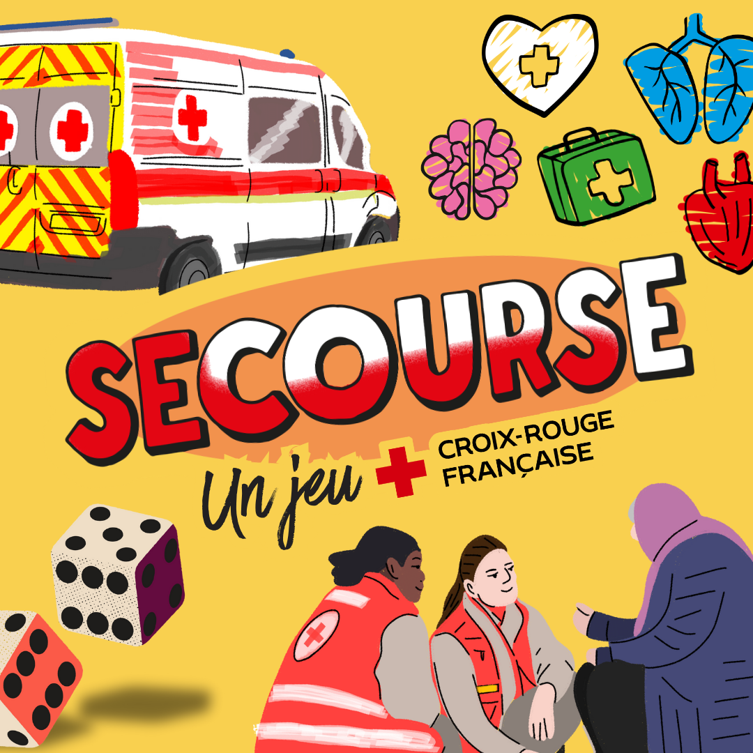 Illustration colorée d'une affiche de premier secours avec une ambulance, des symboles liés à la santé comme un cœur, des poumons, une trousse de premiers secours et des personnes en situation d'urgence, associée à la Croix-Rouge française.