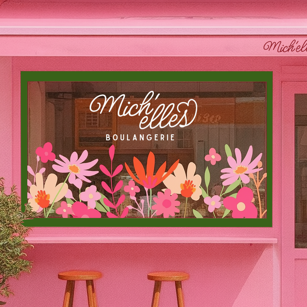 Vitrine d'une boulangerie nommée 'Mich'ellès' avec des fleurs roses et une enseigne verte, située dans un bâtiment rose avec deux tabourets en bois devant.