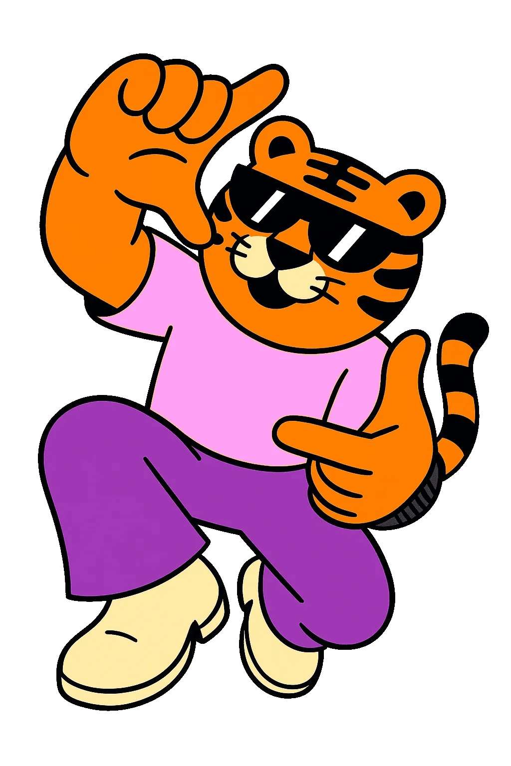 Un tigre cartoon portant des lunettes de soleil, une chemise rose, un pantalon violet et des baskets beiges, posant avec une attitude cool.