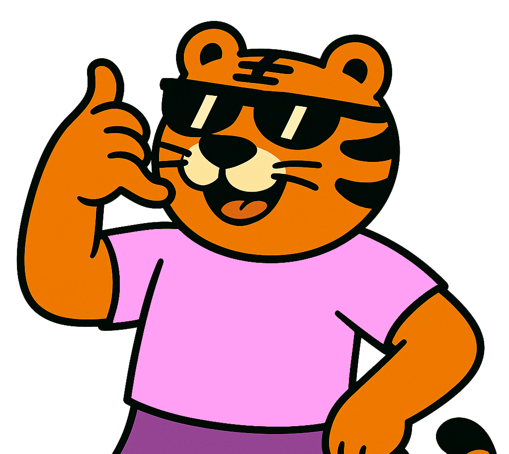 Un tigre anthropomorphe portant des lunettes de soleil, un t-shirt rose et faisant un signe de la main, dans un style cartoon.