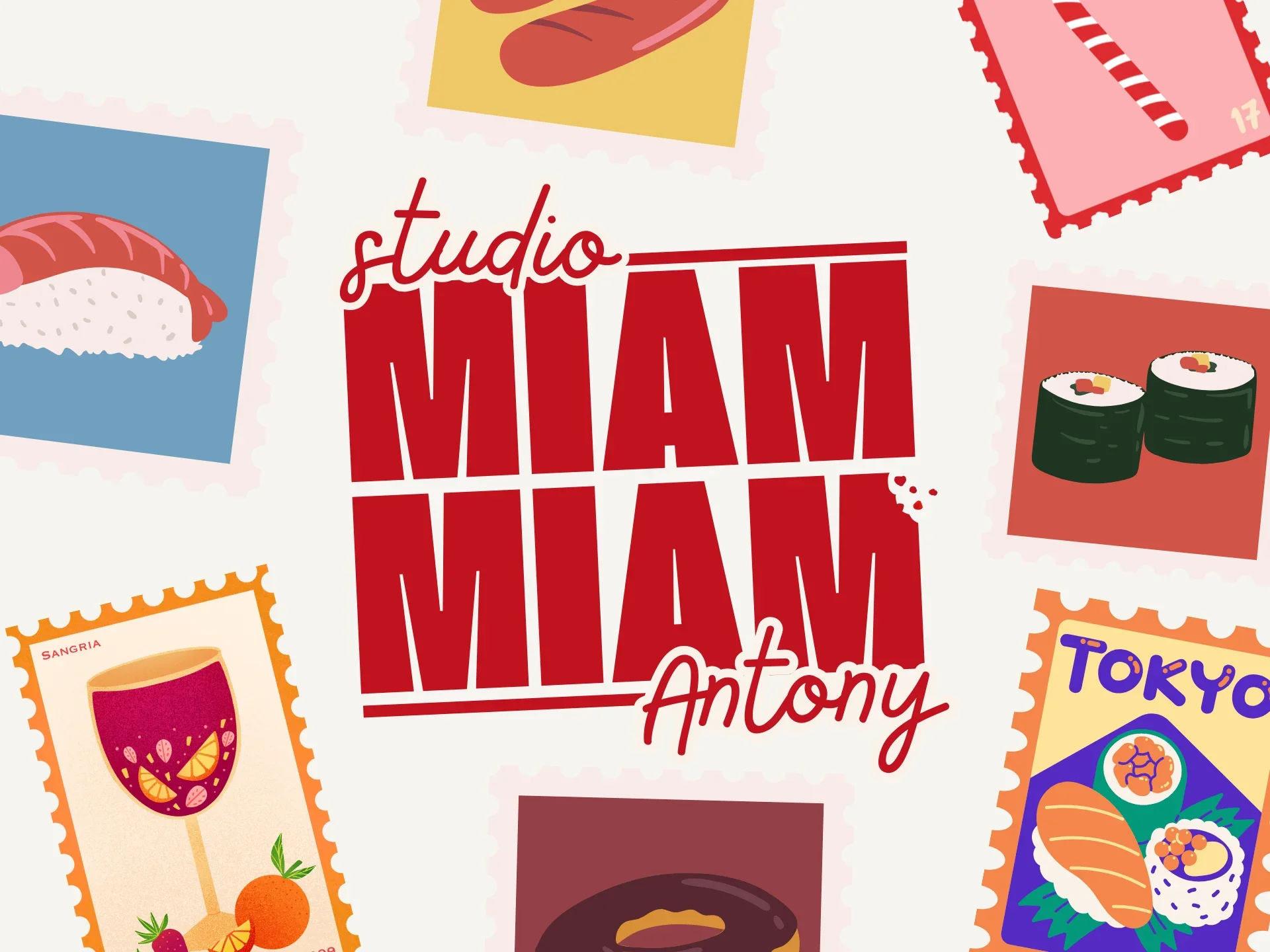 Illustration de divers timbres avec cuisine japonaise, sushi, sashimi, ramen, tokyo, et autres plats traditionnels, autour du texte « studio MAM MAM Antony ».