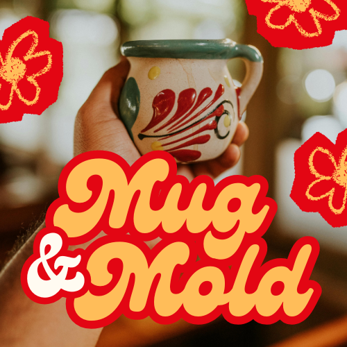 Une main tenant une petite tasse en céramique colorée avec un décor floral, entourée de motifs de fleurs rouges et jaunes, avec le texte "Mug & Mold" en avant-plan.