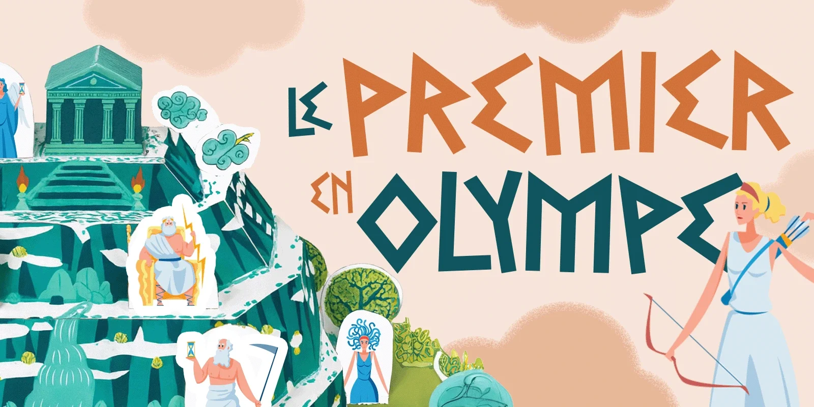 Illustration de l'Olympie antique avec des figures mythologiques grecques, un temple, et une archère moderne avec un arc et des flèches, accompagnée du texte 'Le Premier en Olympie'.