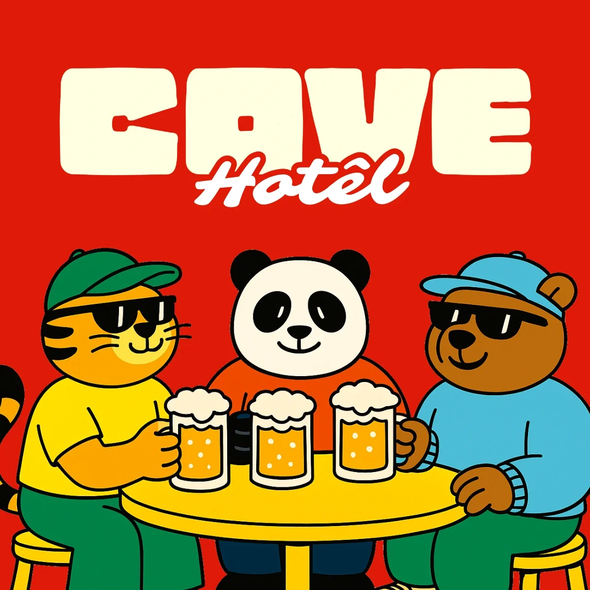 Illustration de trois animaux anthropomorphes : un chat, un panda et un ours, portant des chapeaux et lunettes de soleil, assis autour d'une table en train de boire de la bière, sur un fond rouge avec le texte 'Love Hotel' en haut.