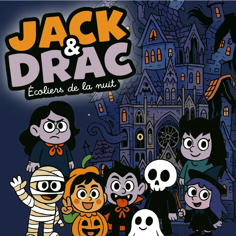 Couverture colorée du livre intitulé 'Jack & Drac, Écoliers de la nuit', présentant des enfants déguisés en vampires, fantômes et autres créatures nocturnes, devant un château gothique fantastique.
