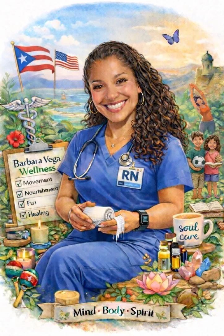Illustration of Barbara Vega, RN, representing mind-body-spirit wellness through movement, nourishment, healing, fun, family, and Soul Care philosophy.