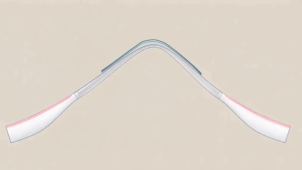 Representative corneal RGP contact lens and thin tear layer over the same keratoconic cornea. Fit varies by design.