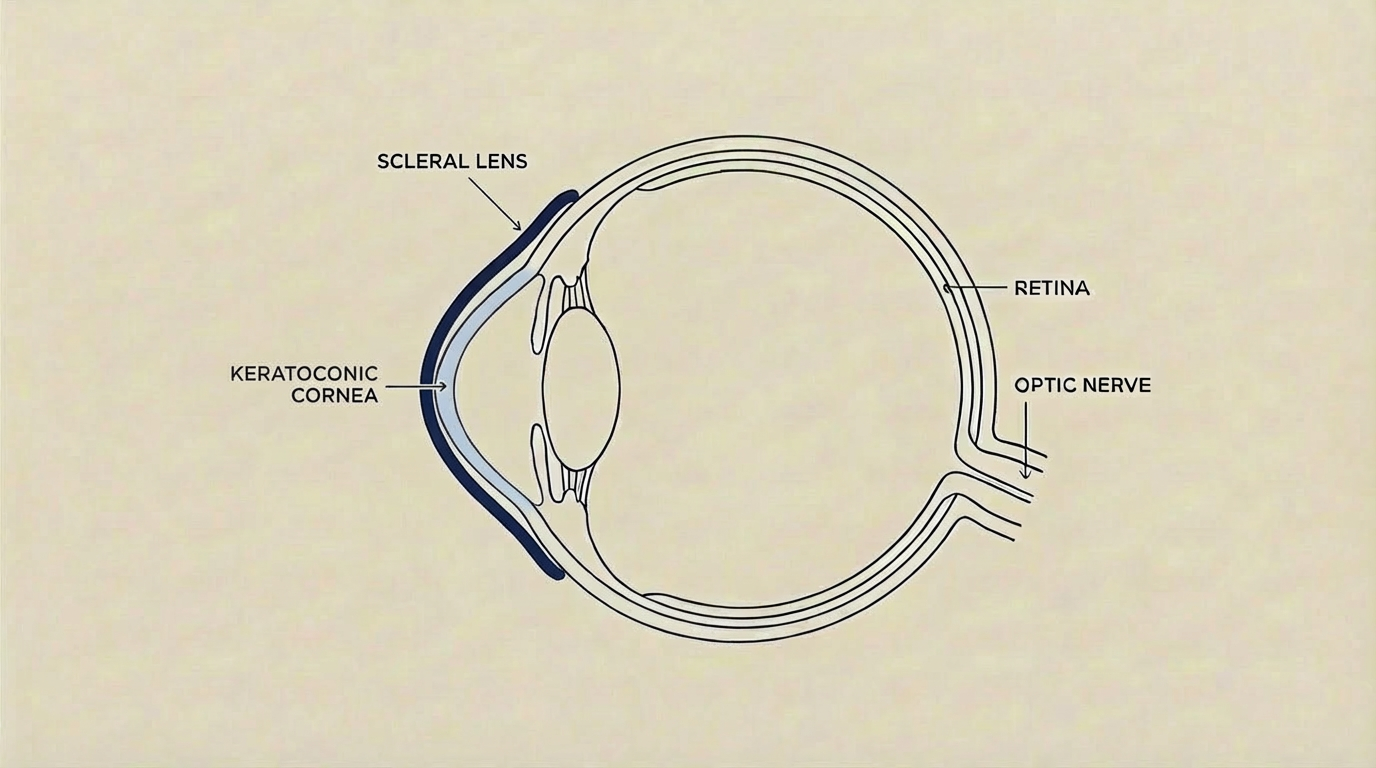Diagram of the human eye showing the scleral lens, keratoconic cornea, retina, optic nerve, and internal structures.