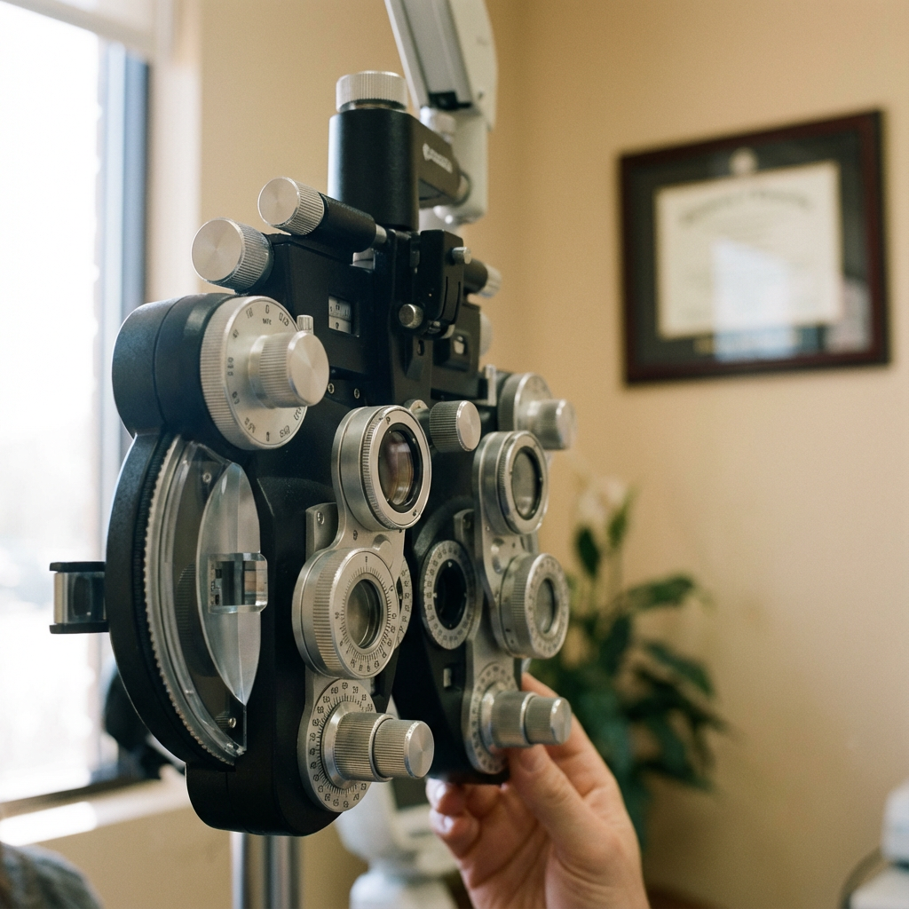 Close-up of an eye test phoropter with multiple lenses and dials in an optometrist's office.